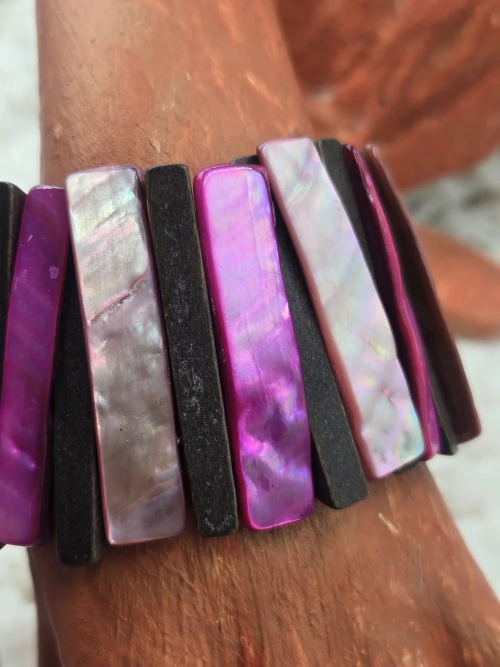Purple Shell & Wood Stretch Bracelet